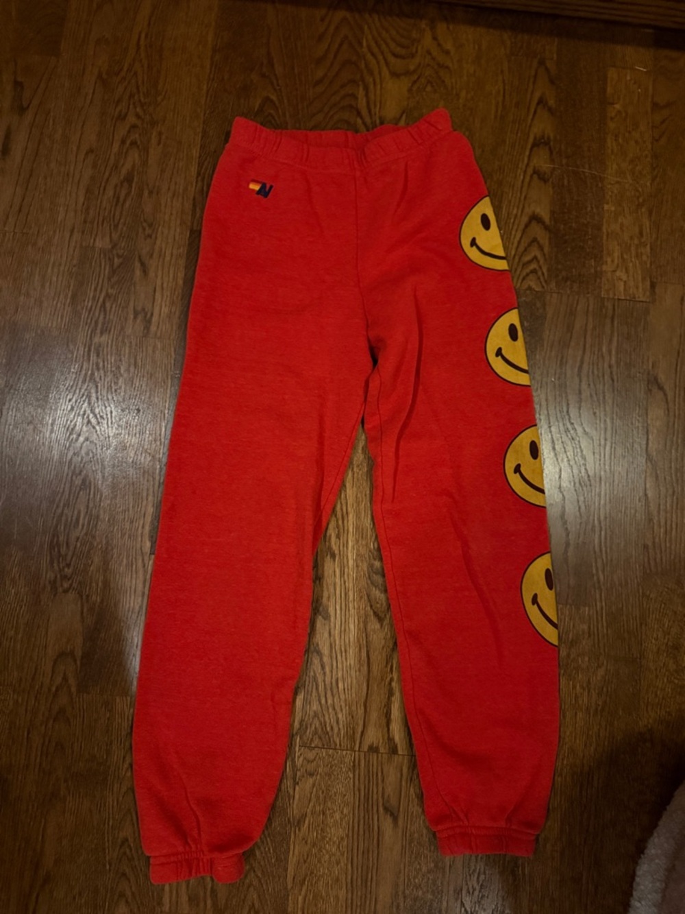 Aviator Nation Red Sweatpants with Yellow Smiley Graphics